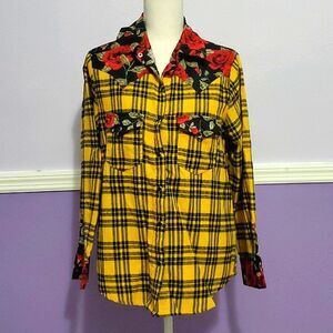 L & B Yellow Plaid & Floral Oversized Button Down Western Rodeo Flannel Shirt Sm